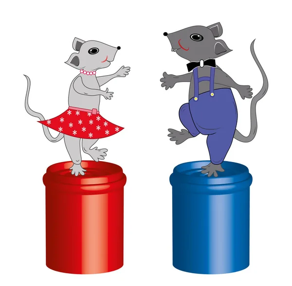 Pair Gray Mice Dance Garbage Cans Recycling Sorting Waste Mouse — Stock Vector