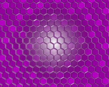 Plastik soyut menekşe fütüristik altıgen desenli parlak parlak ışık, parlak buzlu yüzey. Mor tonda altıgen arka planda altıgen şekiller tasviri.
