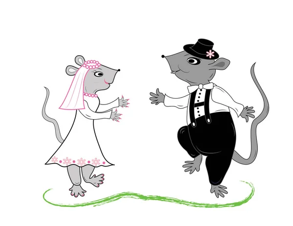 Newlyweds Wedding Funny Story Loving Dancing Couple Mice Funny Mouse — Stock Vector