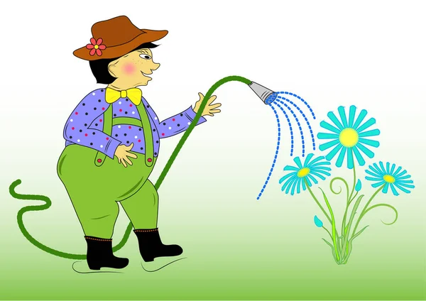 Horticulturist Sprinkles Garden Hose Flowerbed Gardening Spring Theme Work Garden — Stock Vector