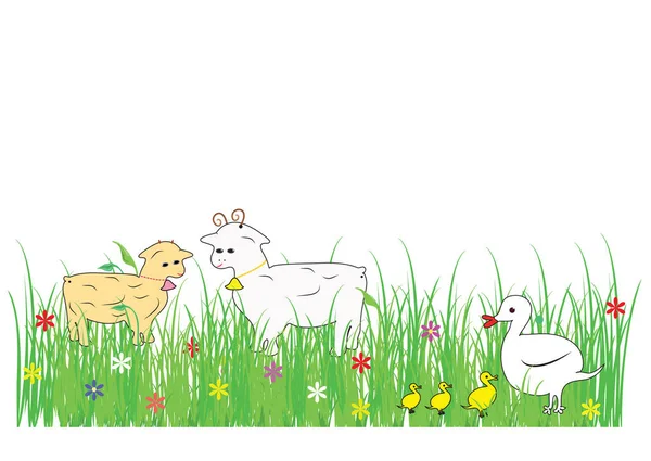 Banner Color Primavera Con Prado Animales Familias Animales Hierba Primavera — Vector de stock