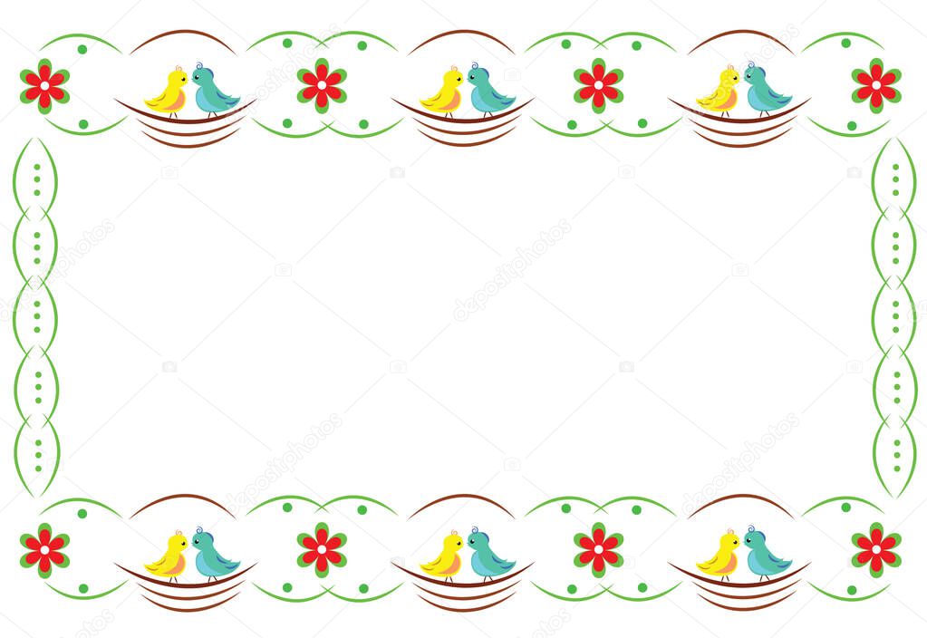 Spring is here. Ornamental motif of courtship birds in the nest. Decorative spring elements lining the frame, birds and flowers. Illustration is in vector and jpg with place for text.