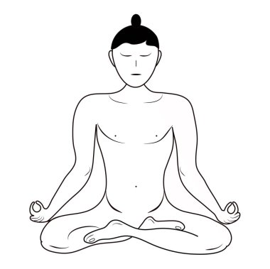 Asma sana pozisyonunda meditasyon yapan bir yoginin tasviri. İzole edilmiş. Lotus pozisyonunda oturan kişi. Vektör ve jpg biçiminde siyah çizim.