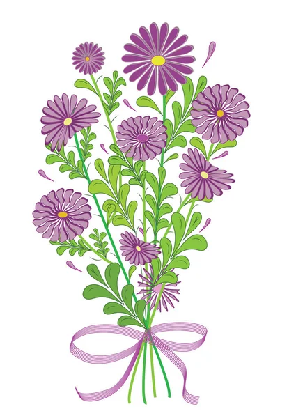 Full Bloom Bouquet Purple Flowers Ribbon Illustration Meadow Garden Violet — Stock Vector