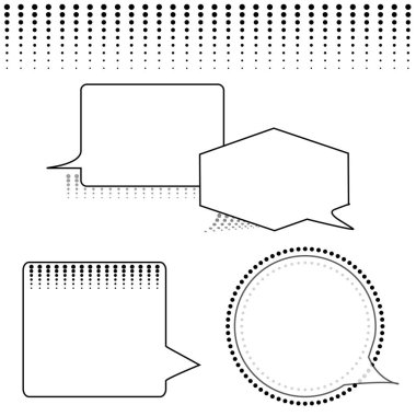 Boş iletişim konuşma vektör baloncukları siyah ve gri yarım tonlu gölgeler ve noktalar pankartlarıyla ayarlandı. Beyaz balon çerçeveleri vektör ve jpg biçiminde izole edilmiştir. Tek Renkli.