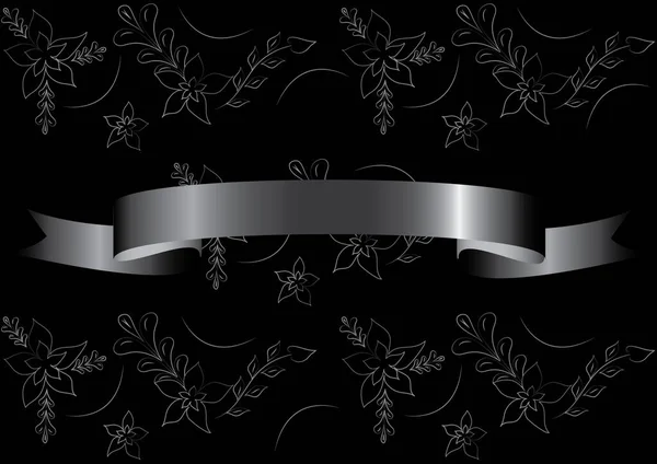 Black Floral Mourning Pattern Illustration Blank Ribbon Flourish Gray Patterned — Stock Vector