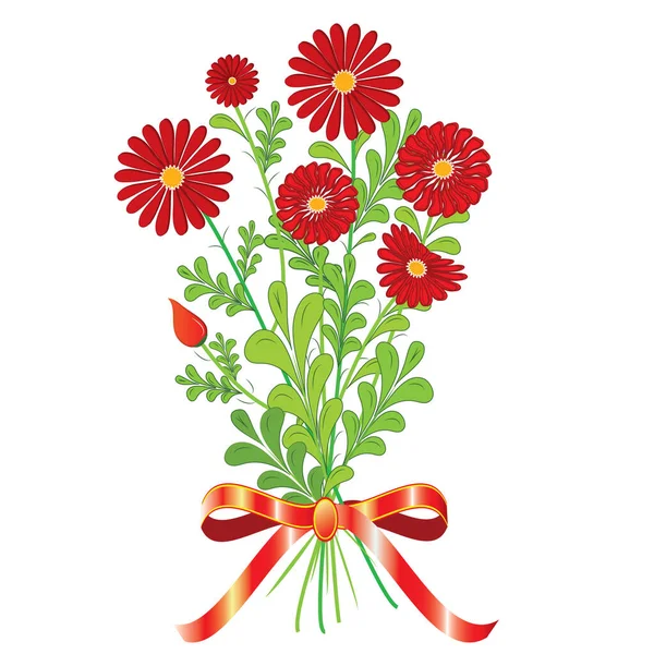 赤いリボンの赤い花のお祝いの花束のベクトルイラスト 全体の花束オブジェクトはベクトルとJpg形式で隔離されています — ストックベクタ