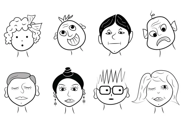 Vector Set Hand Drawn Cricket Faces People Different Characters Appearance — ストックベクタ