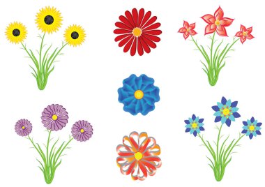 Bahçe çiçeği buketlerinin değişik çeşitleri. Vektör. Vektör ve jpg biçiminde izole buket ve çiçek koleksiyonu.