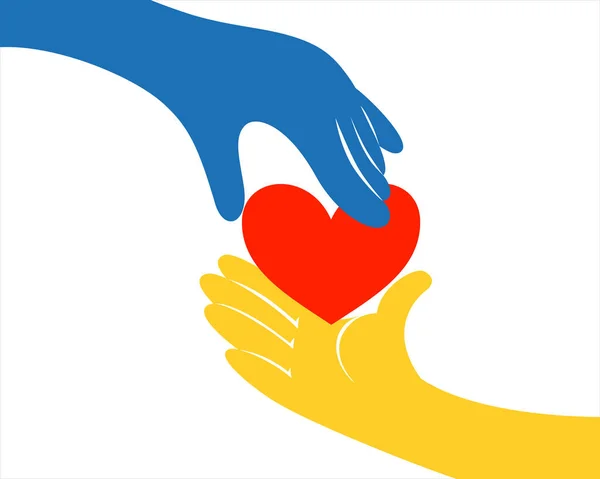 Close Blue Hand Giving Red Heart Yellow Hand White Background — Vetor de Stock