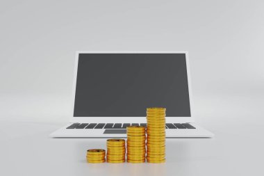 Çevrimiçi alışveriş ya da ticari e-ticaret konsepti için dizüstü bilgisayarlı altın para yığını, 3D oluşturma