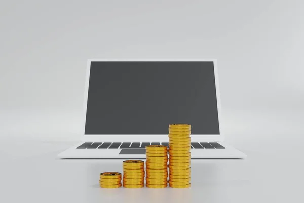 Pilha Moeda Ouro Com Laptop Computador Para Compras Line Conceito — Fotografia de Stock