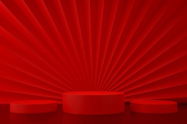 Çin Yeni Yılı 'nı kutlamak için Çin tarzı arka planı olan kağıt sanatı hayranı kırmızı, yuvarlak podyum sahnesi, 3D.