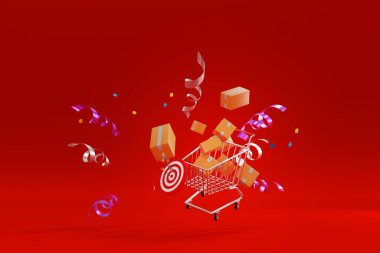 Alışveriş arabası, alışveriş ve süpermarket konsepti için karton kutularla çevrili. 3d resimleme.