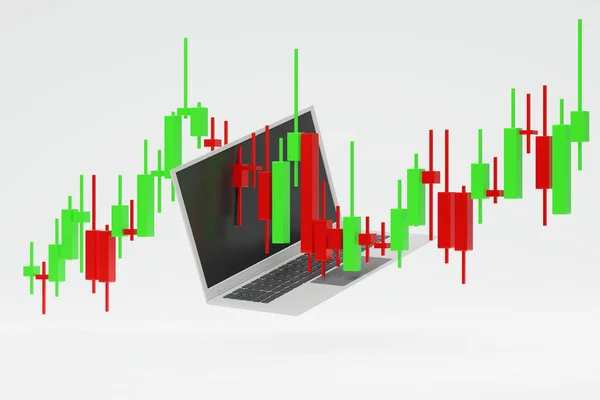 Computador Portátil Vela Vara Gráfico Mostrando Tendência Ascendente Descendente Mercado — Fotografia de Stock