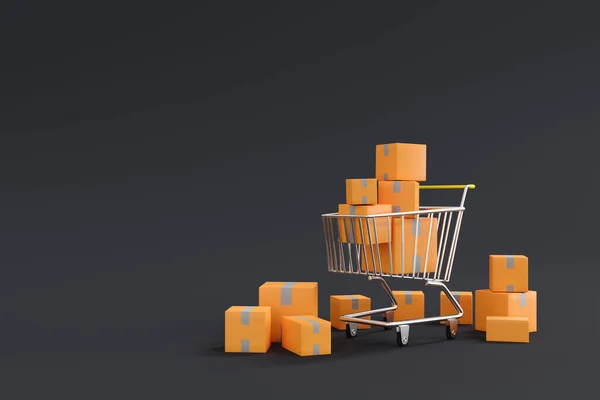 슈퍼마켓 개념으로 둘러싸여 상자들로 카트를 렌더링 — 스톡 사진