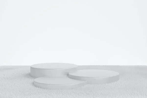 Pódio Cilindro Branco Assoalho Peludo Macio Tapete Estágio Para Produto — Fotografia de Stock