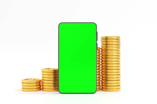 Tela Verde Smartphone Com Pilha Moedas Ouro Conceito Gestão Administração — Fotografia de Stock
