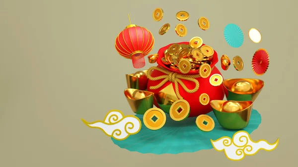 Lucky Bag Treasure Bag Gold Coin Background Greeting Card Chinese — Stock Photo, Image