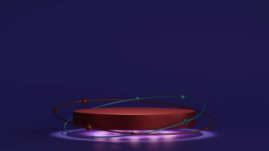 Sahnenin etrafında parçacık halkaları olan silindir şekilli podyum. Ürün sunumu için, 3d illüstrasyon oluşturucu.