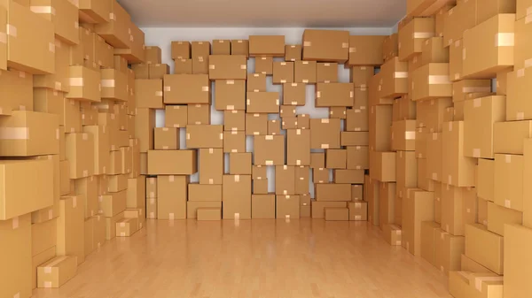 堆放纸板箱或包裹在物流仓库配送包装中 交付货物的概念 3D渲染 — 图库照片
