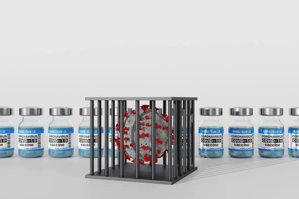 Coronavirus Prison Cell Covid Locked Jail Cage Vaccine Illustration Rendering — Stock Photo, Image