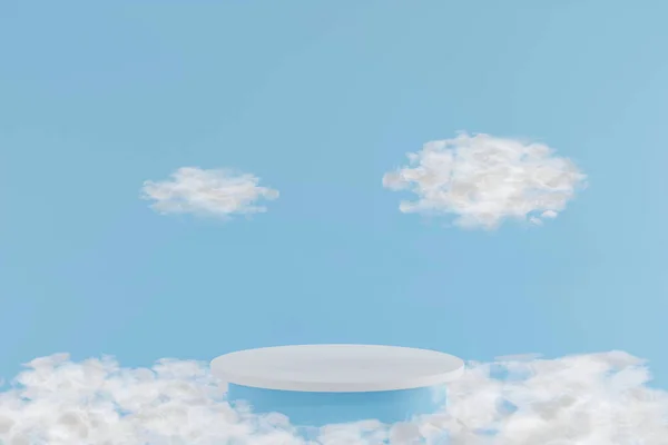 Blå Pastell Cylinder Podium Display Blå Bakgrund Med Mjukt Moln — Stockfoto