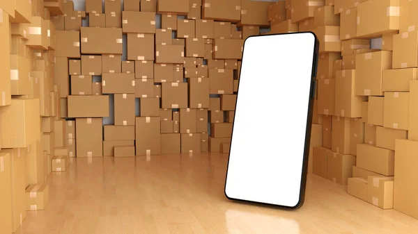 Rendering Mobile Phone Smartphone Brown Cardboard Boxes Parcel Online Shopping — Fotografia de Stock