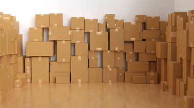 Lojistik depo dağıtım paketindeki karton kutu ya da paket yığını. Mal teslimatı konsepti, 3 boyutlu yorumlama.
