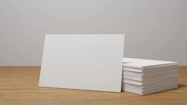 Boş Beyaz Kartvizit Yığını Ahşap Masa Üzerindeki Isim Kartı Modeli — Stok fotoğraf
