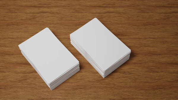 Stack of blank white business card, namecard mockup on wood table, promote your company brand, 3D rendering.