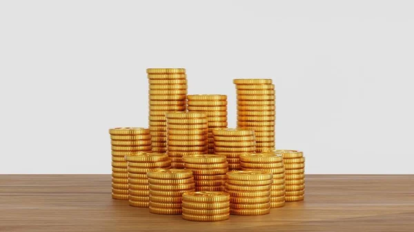 Stos Złotych Monet Drewnianym Stole Pieniądze Koncepcja Biznesu Renderowanie — Zdjęcie stockowe