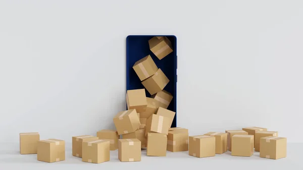 Cardboard Box Parcel Overflow Smartphone Display Online Shopping Delivery Concept — 스톡 사진