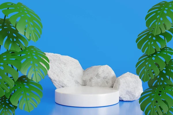 Yeşil bitkili doğal kayayla silindir podyum standı, marka ürün sergisi için yuvarlak kaide. Reklam tasarımı için model şablonu, 3B oluşturma.