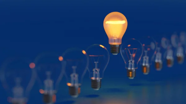 Jeden Žárovce Svítit Řadách Potemnělé Žárovky Koncept Inovace Řešení Vykreslování — Stock fotografie