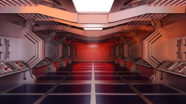 Uzay gemisinin ya da uzay istasyonunun içinde, Bilimkurgu tüneli, boş arkaplanı olan koridor, 3D görüntüleme