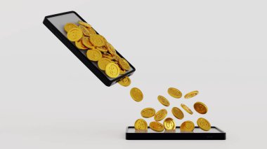 Mobil bankacılık kavramı, akıllı telefondan diğer cep telefonuna taşınan para çevrimiçi para transferi e-cüzdan, 3D görüntüleme.