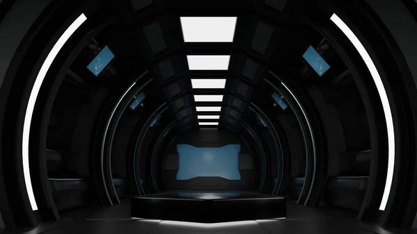 Подиум Современного Пентагона Интерьере Космического Корабля Космической Станции Тоннель Sci — стоковое фото
