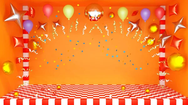 Party room colorful decoration by balloon for birthday party and event or product display exhibition, 3D rendering.