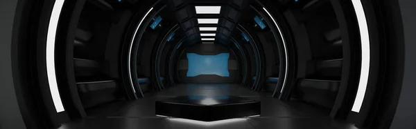 Modern Pentagon Podium Spaceship Space Station Interior Sci Tunnel Stage — Stock Fotó