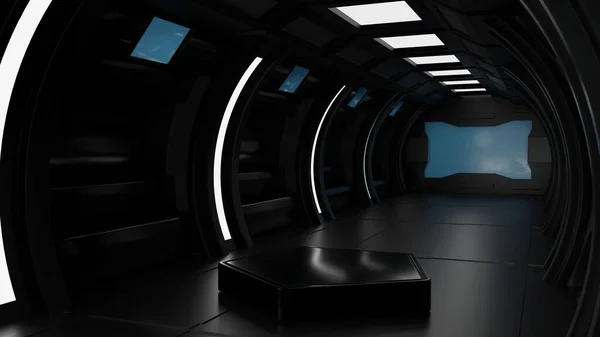 Modern Pentagon Podium Spaceship Space Station Interior Sci Tunnel Stage — Foto Stock