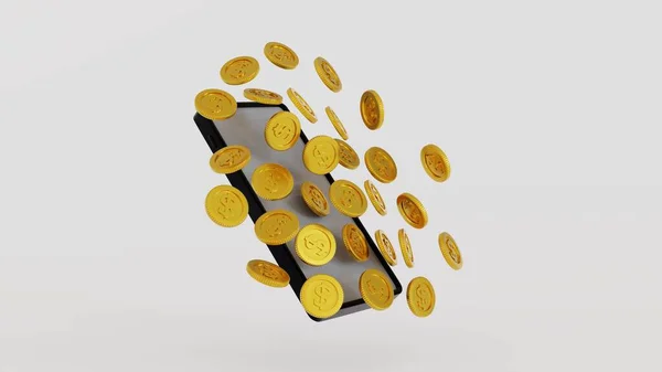Смартфон Оточеними Золотими Монетами Концепцією Управління Адміністрування Онлайн Бізнесу Мобільним — стокове фото