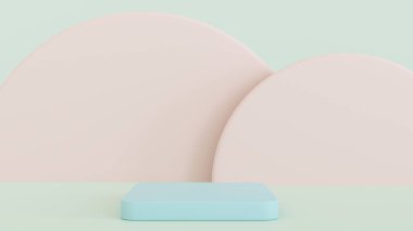 Ürün gösterimi için geometrik şekil kaidesi olan boş pastel renk podyumu, kozmetik gösterimi için sahne, 3D görüntüleme.