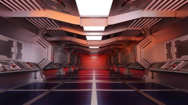 Uzay gemisinin ya da uzay istasyonunun içinde, Bilimkurgu tüneli, boş arkaplanı olan koridor, 3D görüntüleme