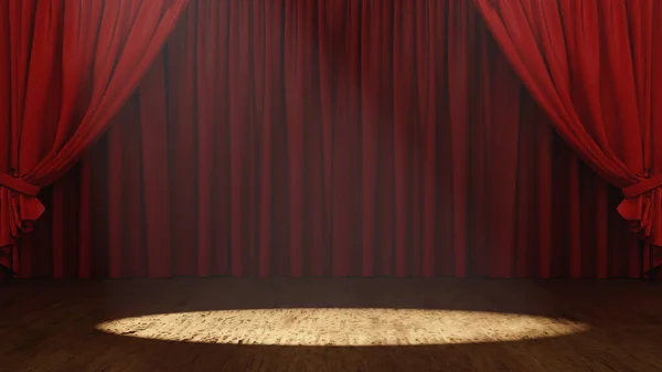 Empty Stage theater or opera with red velvet curtain and Spotlight, 3D rendering.
