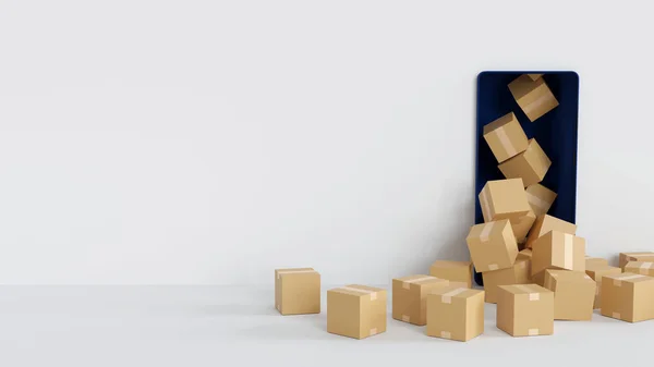Cardboard Box Parcel Overflow Smartphone Display Online Shopping Delivery Concept — Stockfoto