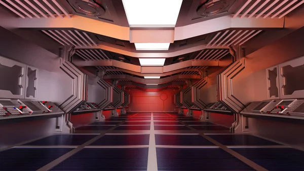 Uzay gemisinin ya da uzay istasyonunun içinde, Bilimkurgu tüneli, boş arkaplanı olan koridor, 3D görüntüleme