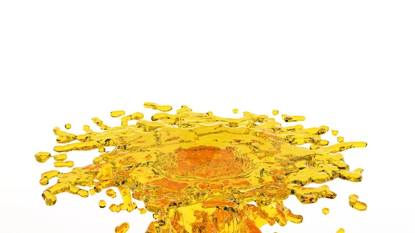 Sarı su sıçraması ya da beyaz zemin üzerinde damla ile su akışı, 3D görüntüleme.