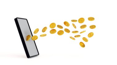 Mobil bankacılık kavramı, akıllı telefondan diğer cep telefonuna taşınan para çevrimiçi para transferi e-cüzdan, 3D görüntüleme.