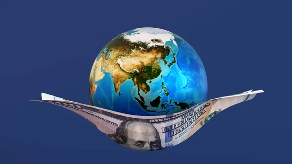 Planet earth or globe supported or carrying by dollar banknote, world business concept, Asia Zone, element by NASA, 3D rendering.